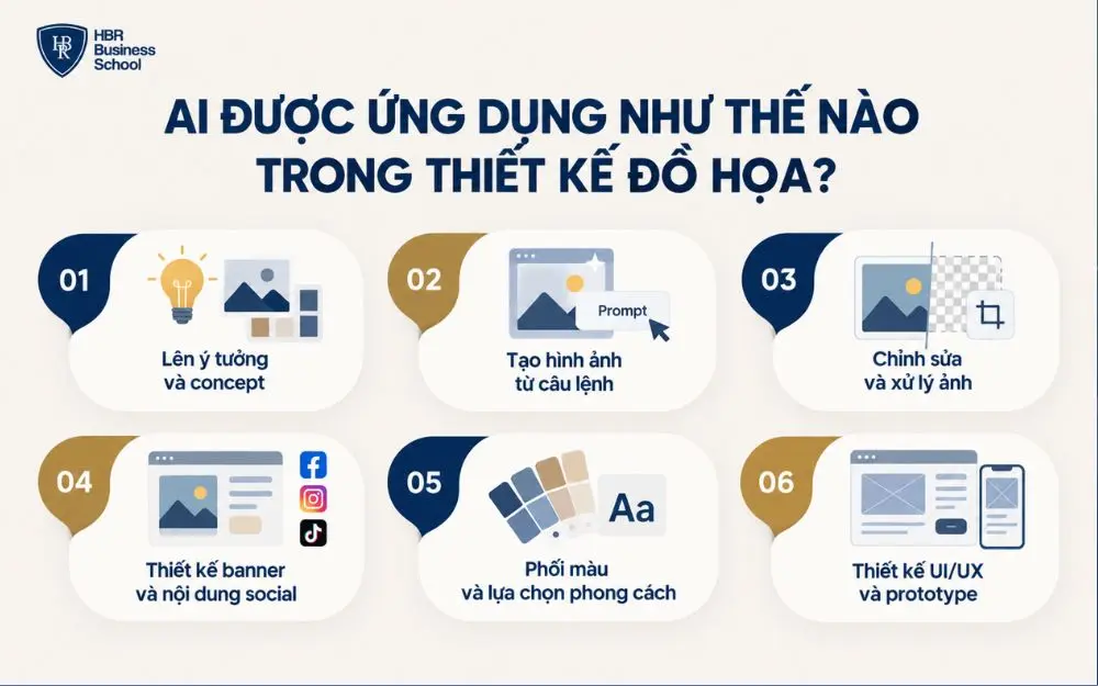 6 ứng dụng AI phổ biến trong thiết kế đồ họa, từ lên ý tưởng đến UI/UX.