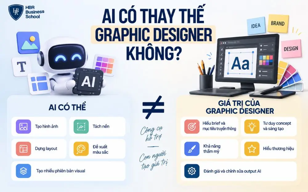 AI hỗ trợ nhiều thao tác thiết kế nhưng chưa thể thay thế hoàn toàn Graphic Designer.