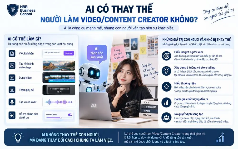 AI không thay thế hoàn toàn Video/Content Creator mà đang thay đổi cách họ sáng tạo và sản xuất nội dung.