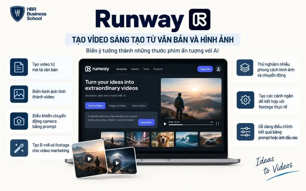 Runway hỗ trợ tạo video sáng tạo từ văn bản, hình ảnh và prompt điều khiển chuyển động.