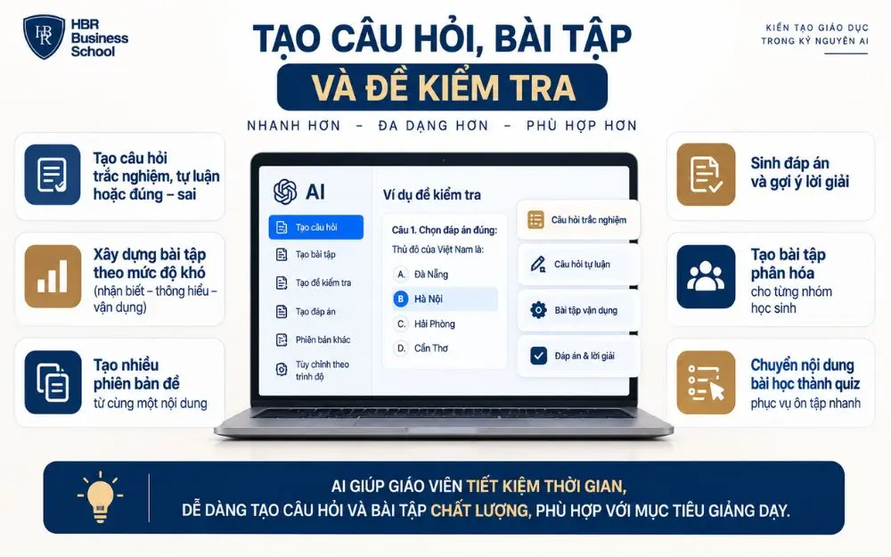 AI hỗ trợ giáo viên tạo câu hỏi, bài tập và đề kiểm tra nhanh, đa dạng hơn.