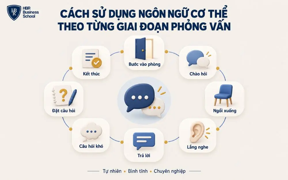 Cách dùng ngôn ngữ cơ thể phù hợp theo từng giai đoạn phỏng vấn.