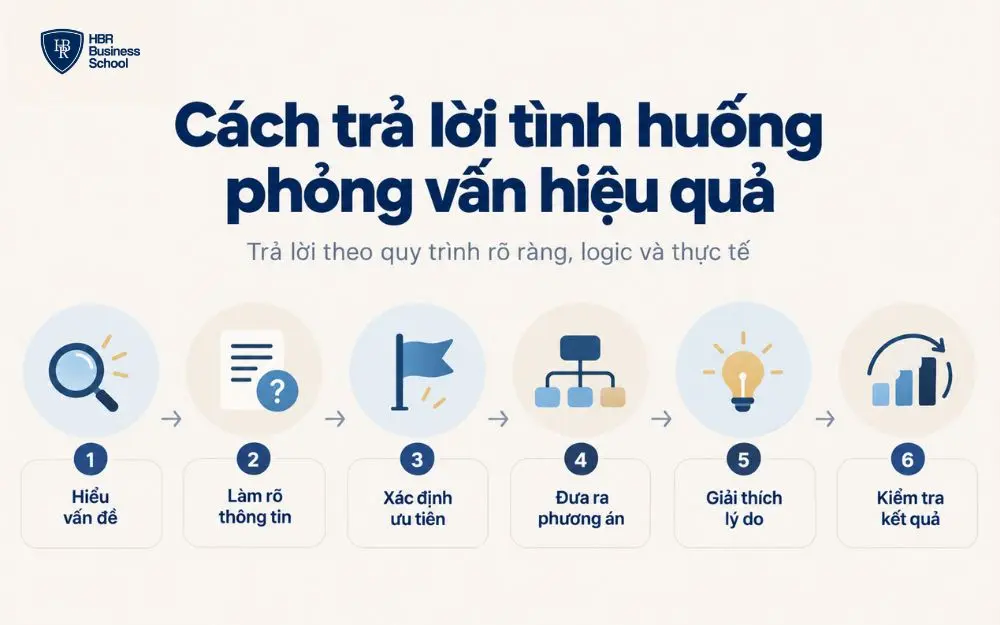 Quy trình 6 bước giúp trả lời câu hỏi tình huống phỏng vấn logic, hiệu quả.