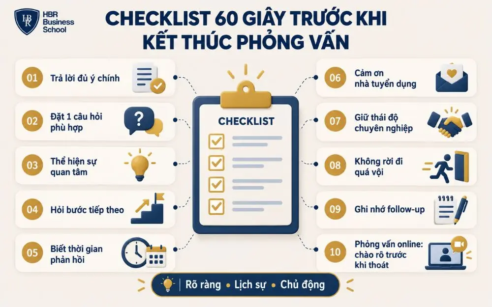Checklist 10 điểm giúp kết thúc buổi phỏng vấn rõ ràng, lịch sự, chuyên nghiệp.