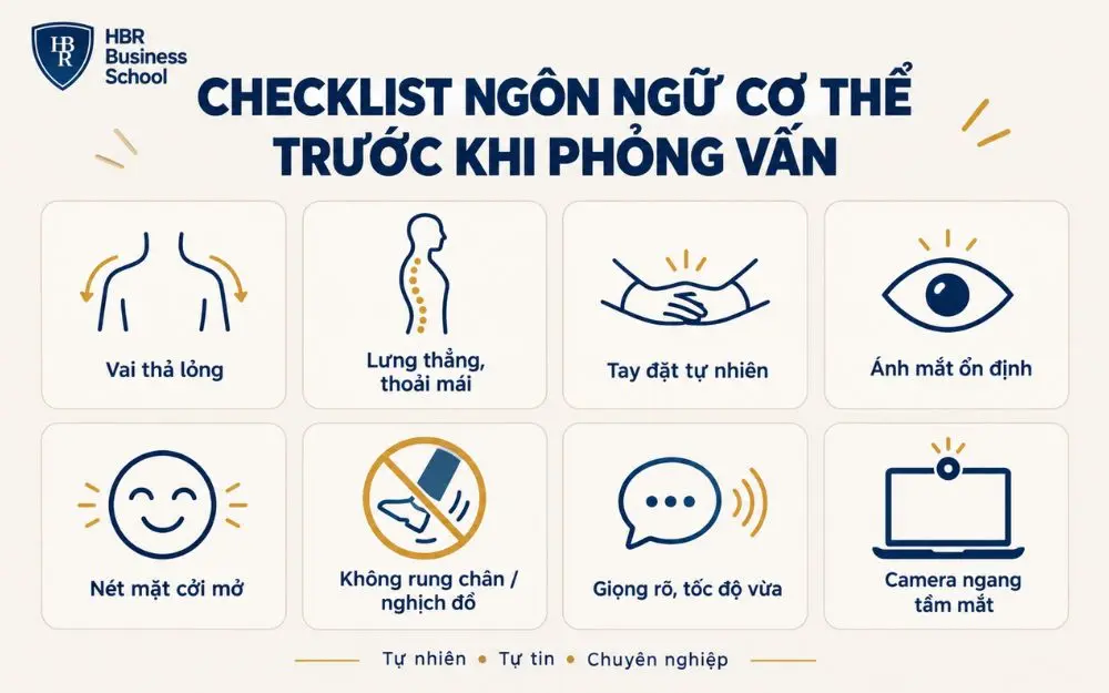 Checklist ngôn ngữ cơ thể giúp bạn tự tin, tự nhiên trước buổi phỏng vấn.