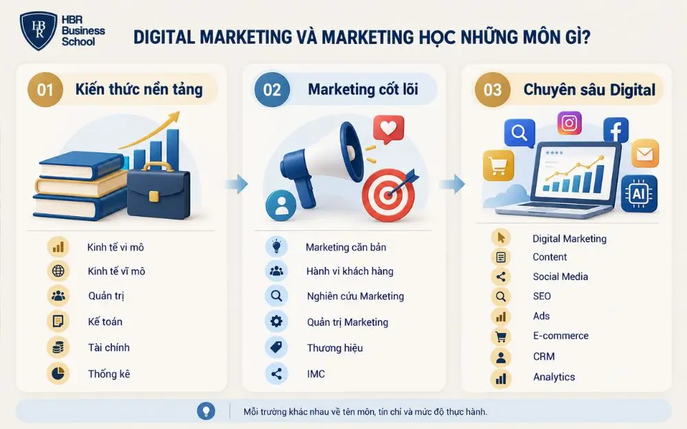 Ba nhóm môn chính trong chương trình Marketing và Digital Marketing hiện nay.