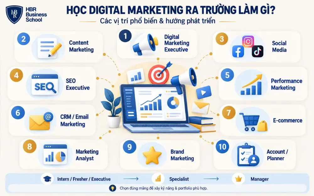 Các vị trí nghề nghiệp phổ biến sau khi tốt nghiệp ngành Digital Marketing.
