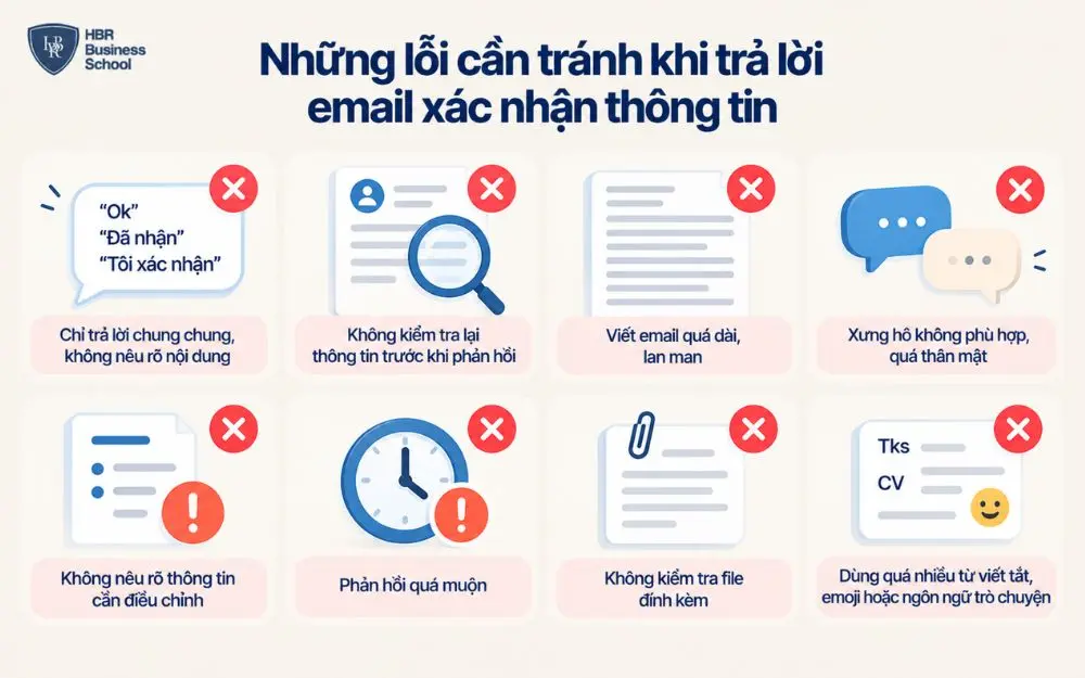 Những lỗi phổ biến cần tránh khi trả lời email xác nhận thông tin.