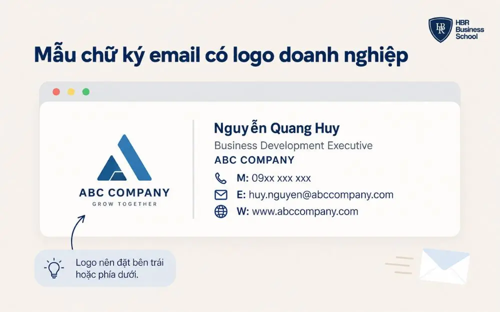 Mẫu chữ ký email có logo doanh nghiệp gọn gàng, chuyên nghiệp, dễ áp dụng.