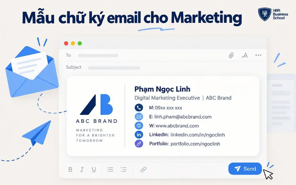 Mẫu chữ ký email Marketing gọn gàng, chuyên nghiệp, dễ tùy chỉnh theo thương hiệu.