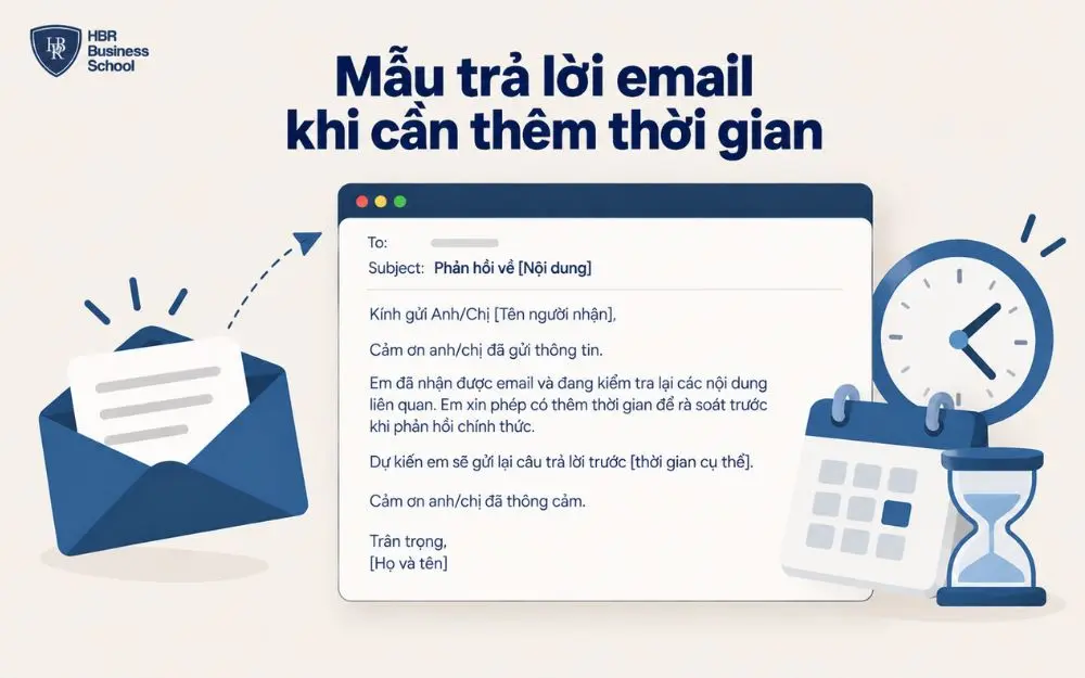 Mẫu trả lời email khi cần thêm thời gian để xử lý và phản hồi.