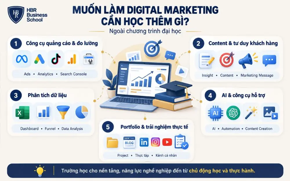 Những kỹ năng và công cụ nên học thêm để làm Digital Marketing hiệu quả.
