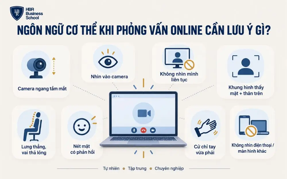 Những lưu ý ngôn ngữ cơ thể giúp phỏng vấn online tự nhiên, chuyên nghiệp hơn.