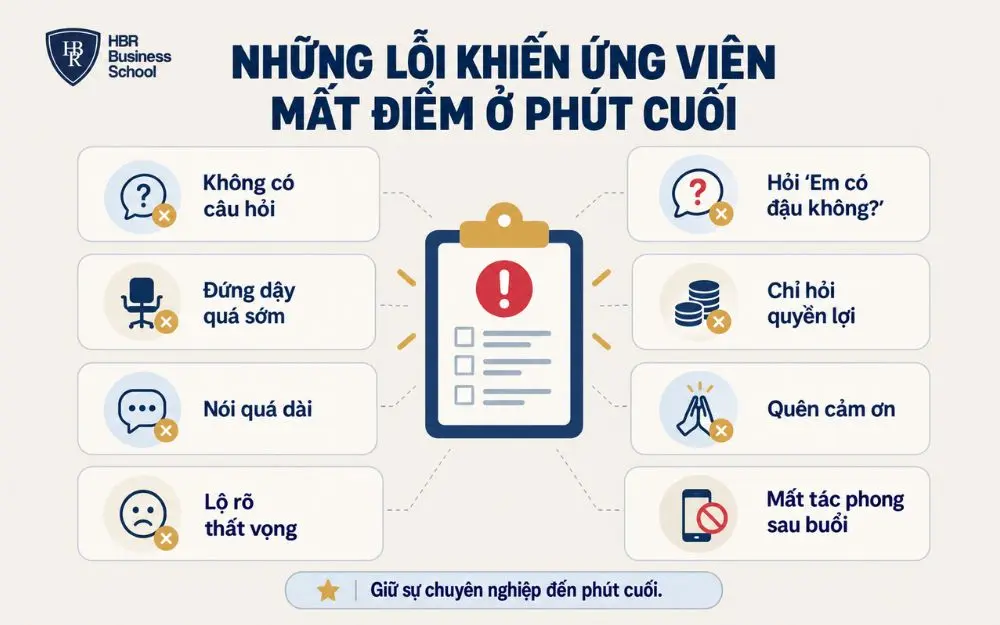 Những lỗi thường khiến ứng viên mất điểm ở phút cuối phỏng vấn.