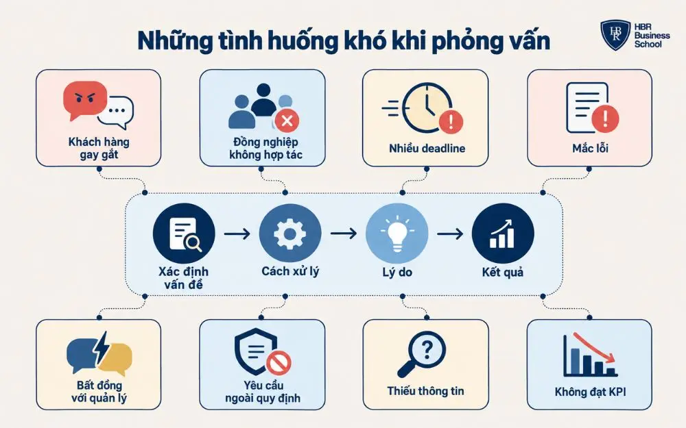 Các tình huống khó thường gặp khi phỏng vấn và hướng xử lý phù hợp.
