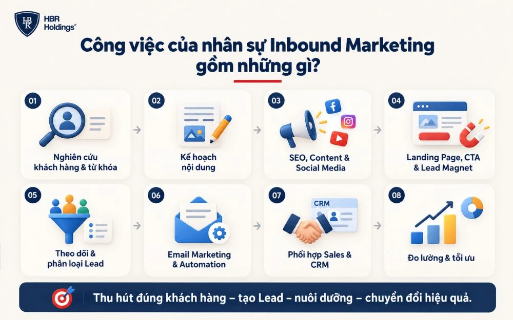 Nhân sự Inbound Marketing phụ trách nghiên cứu khách hàng, xây dựng nội dung, tạo Lead, nuôi dưỡng và tối ưu chuyển đổi.