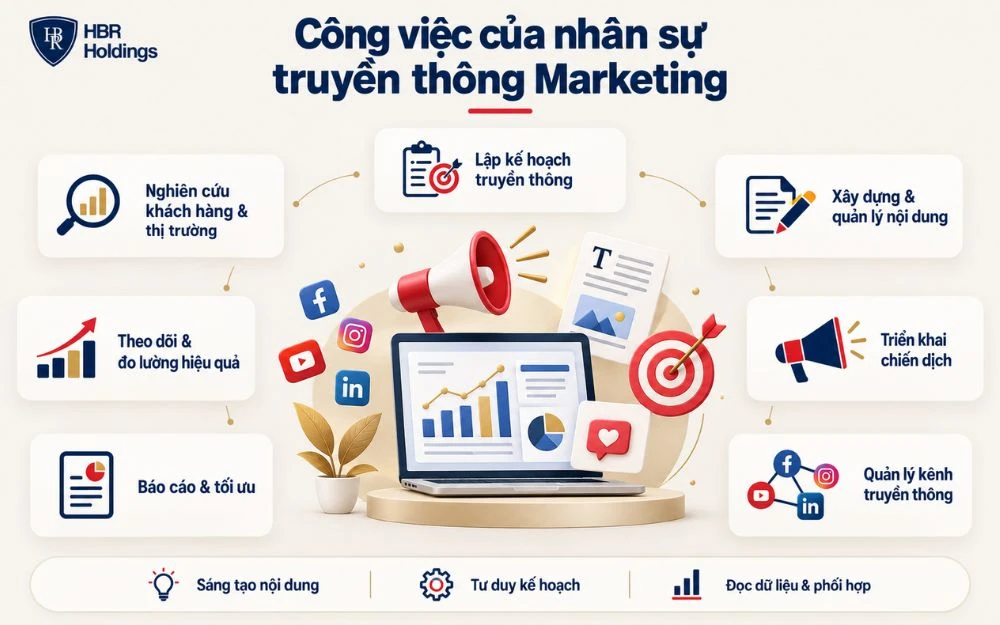 Nhân sự truyền thông Marketing phụ trách nghiên cứu, lập kế hoạch, quản lý nội dung, triển khai chiến dịch và đo lường hiệu quả.