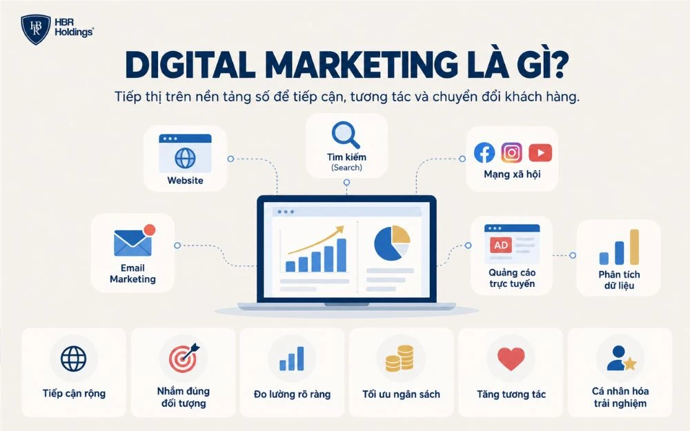 Digital Marketing giúp doanh nghiệp tiếp cận đúng khách hàng, đo lường hiệu quả và tối ưu hoạt động tiếp thị dựa trên dữ liệu.