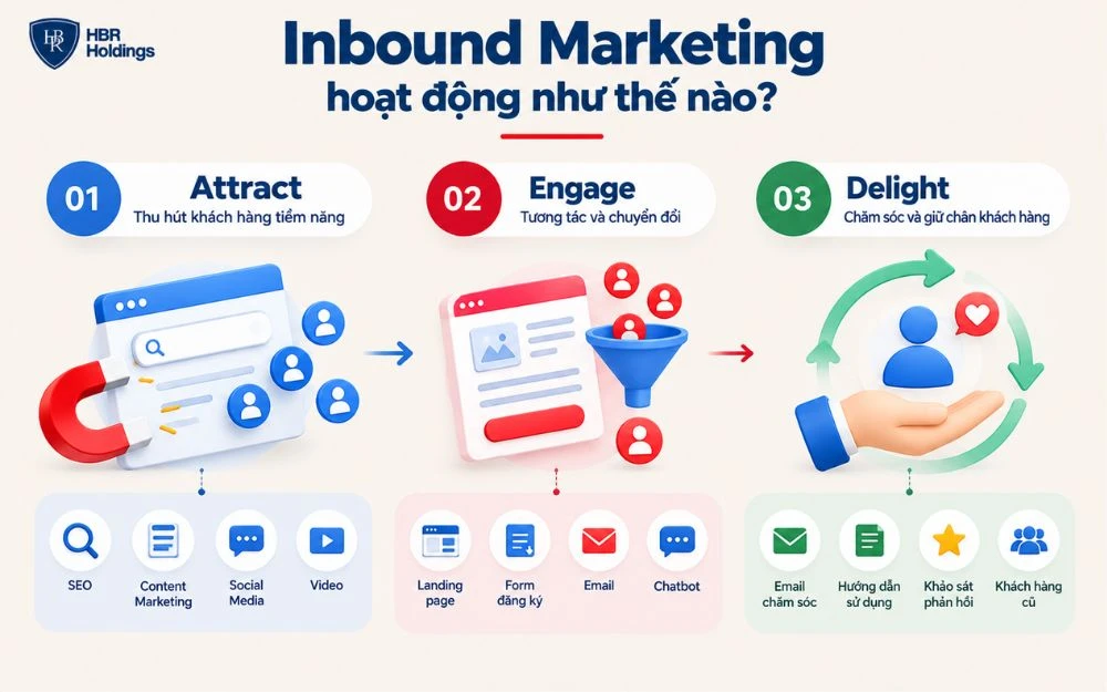 Inbound Marketing vận hành qua 3 giai đoạn Attract – Engage – Delight để thu hút, chuyển đổi và giữ chân khách hàng.