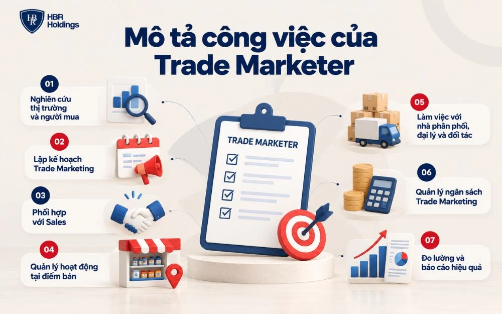 Trade Marketer phụ trách nghiên cứu, lập kế hoạch, phối hợp Sales, quản lý điểm bán, ngân sách và đo lường hiệu quả.