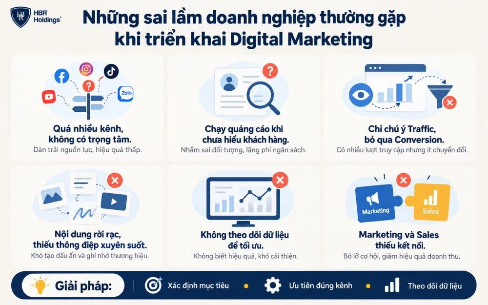 Những sai lầm phổ biến khi triển khai Digital Marketing có thể khiến doanh nghiệp phân tán nguồn lực, lãng phí ngân sách và giảm hiệu quả chuyển đổi.