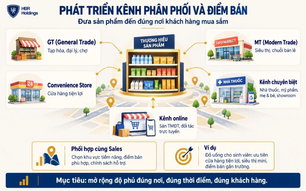 Phát triển kênh phân phối và điểm bán giúp sản phẩm xuất hiện đúng nơi khách hàng mục tiêu mua sắm.