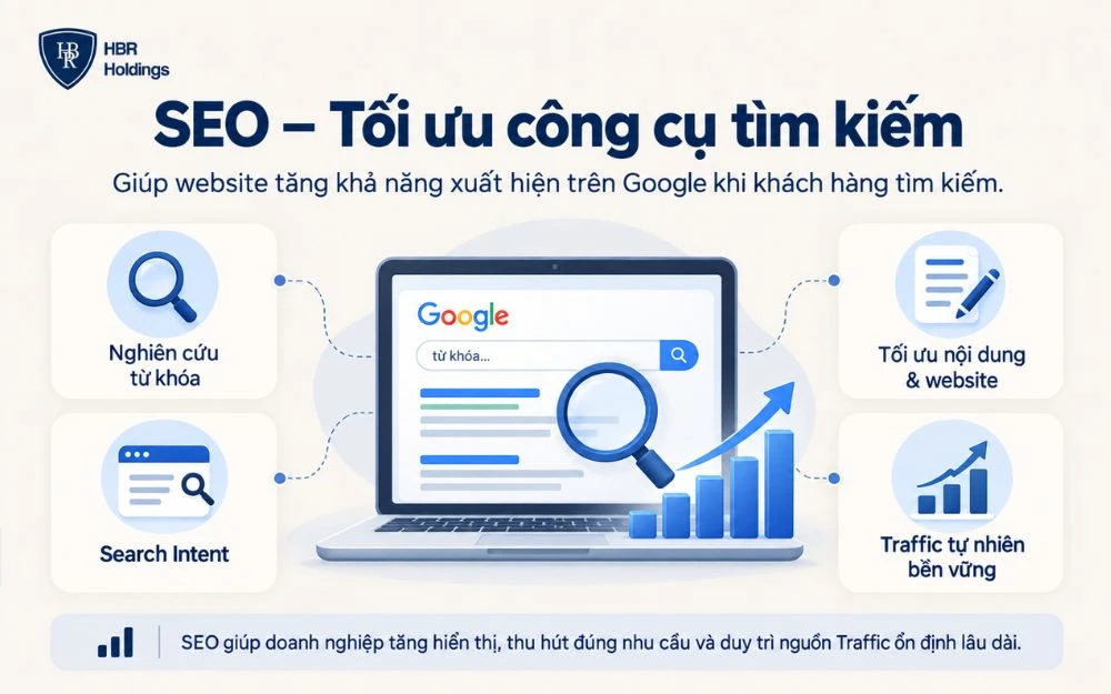 SEO giúp doanh nghiệp tối ưu website và nội dung để tăng khả năng xuất hiện trên Google, thu hút đúng nhu cầu tìm kiếm và duy trì Traffic tự nhiên bền vững.