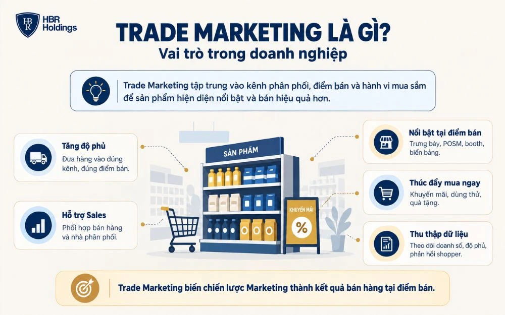 Trade Marketing giúp tăng độ phủ, nổi bật điểm bán và thúc đẩy mua hàng.