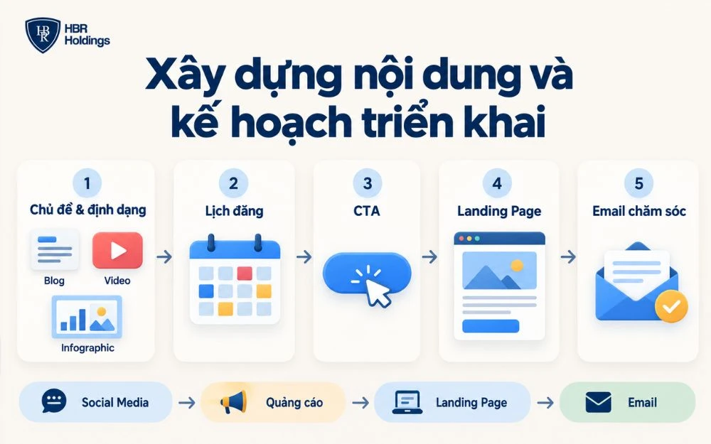 Xây dựng nội dung và kế hoạch triển khai giúp doanh nghiệp phối hợp các kênh Digital Marketing thành một hành trình liền mạch từ tiếp cận đến chăm sóc khách hàng.