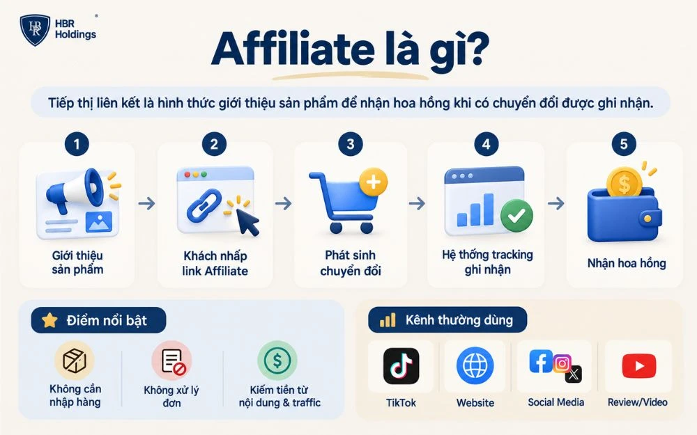 Affiliate Marketing giúp người làm tiếp thị kiếm hoa hồng bằng cách giới thiệu sản phẩm và tạo ra chuyển đổi qua link liên kết.