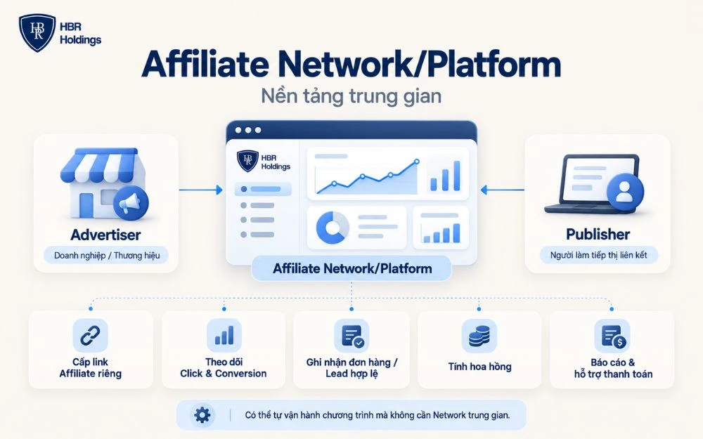 Affiliate Network/Platform là nền tảng trung gian kết nối Advertiser và Publisher, đồng thời hỗ trợ tracking, ghi nhận chuyển đổi, tính hoa hồng và thanh toán.