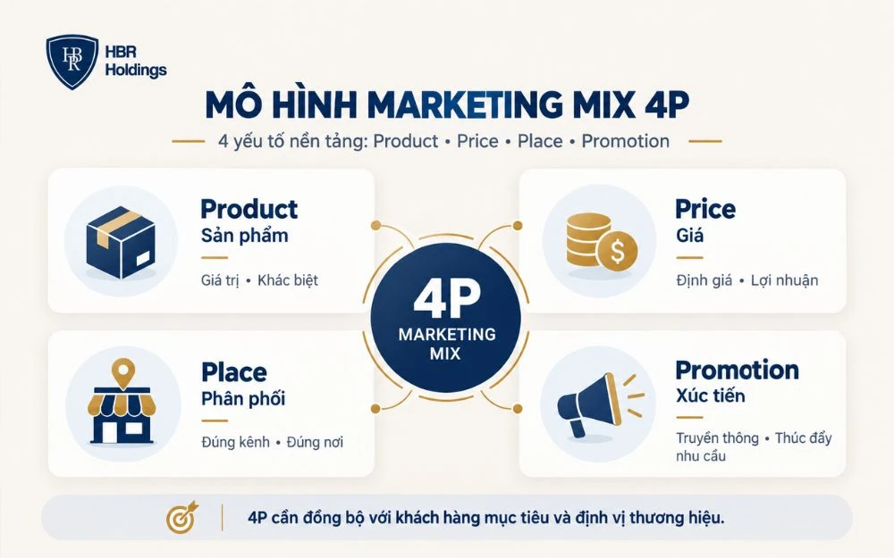 Mô hình Marketing Mix 4P gồm Product, Price, Place và Promotion.