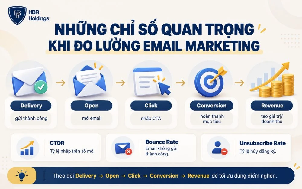 Các chỉ số quan trọng giúp đo lường hiệu quả Email Marketing toàn diện.