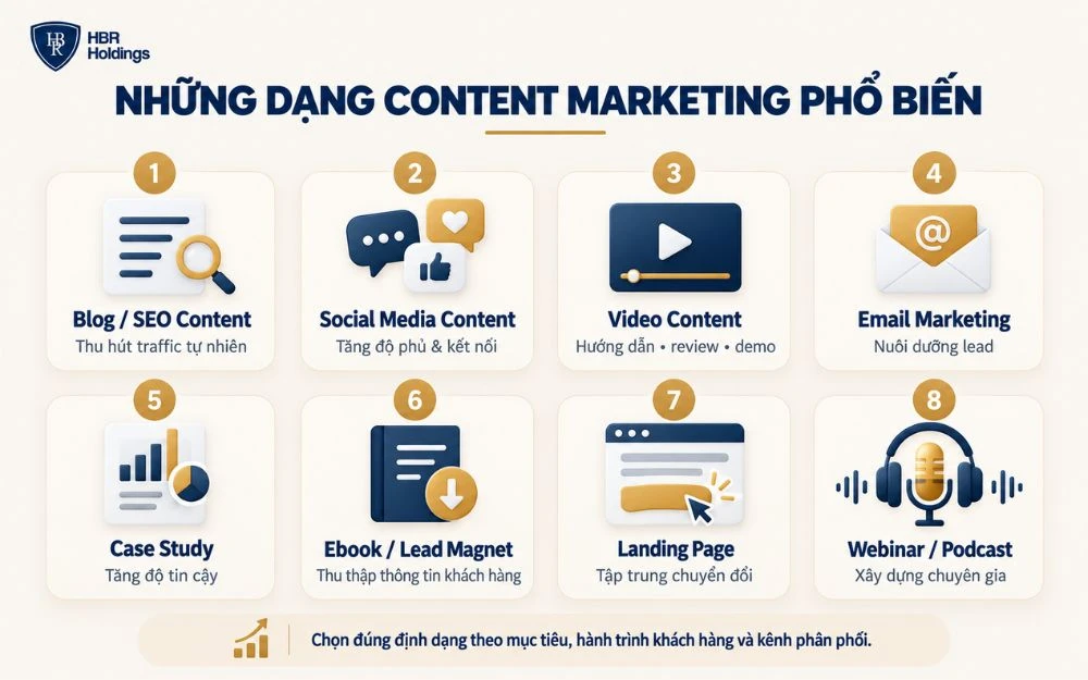 Các dạng Content Marketing phổ biến giúp thu hút, nuôi dưỡng và chuyển đổi khách hàng.