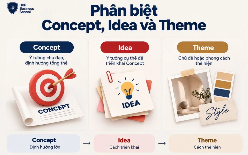 Phân biệt Concept, Idea và Theme theo vai trò trong quá trình sáng tạo.