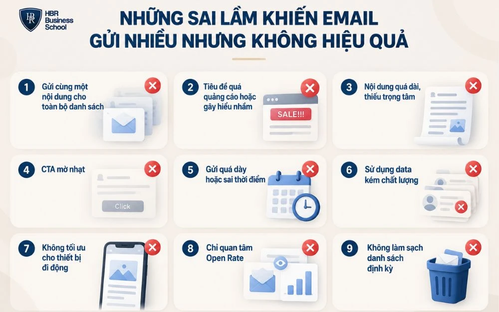 9 sai lầm phổ biến khiến Email Marketing gửi nhiều nhưng kém hiệu quả.