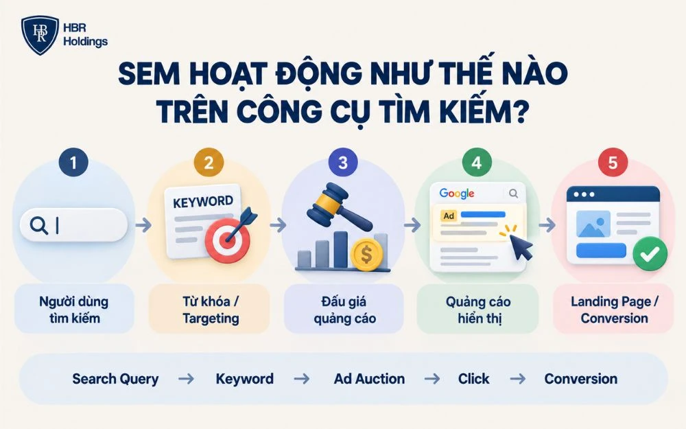 Quy trình SEM từ truy vấn tìm kiếm đến chuyển đổi khách hàng.