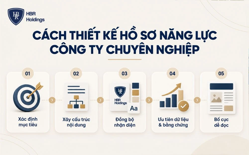 5 bước thiết kế hồ sơ năng lực công ty chuyên nghiệp, từ xác định mục tiêu đến tối ưu bố cục dễ đọc.
