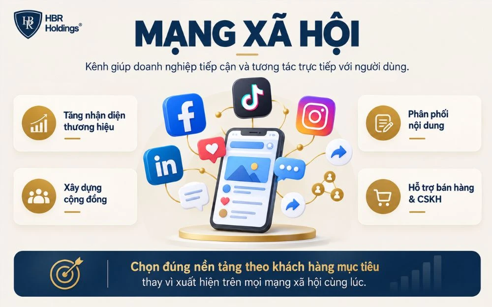 Mạng xã hội giúp doanh nghiệp tăng nhận diện thương hiệu, xây dựng cộng đồng, phân phối nội dung và hỗ trợ bán hàng trên các nền tảng số.