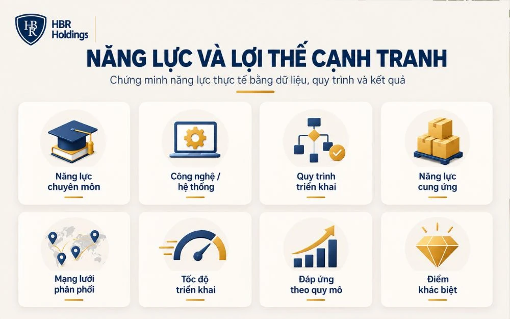 Các yếu tố thể hiện năng lực và lợi thế cạnh tranh giúp doanh nghiệp chứng minh khả năng triển khai thực tế.