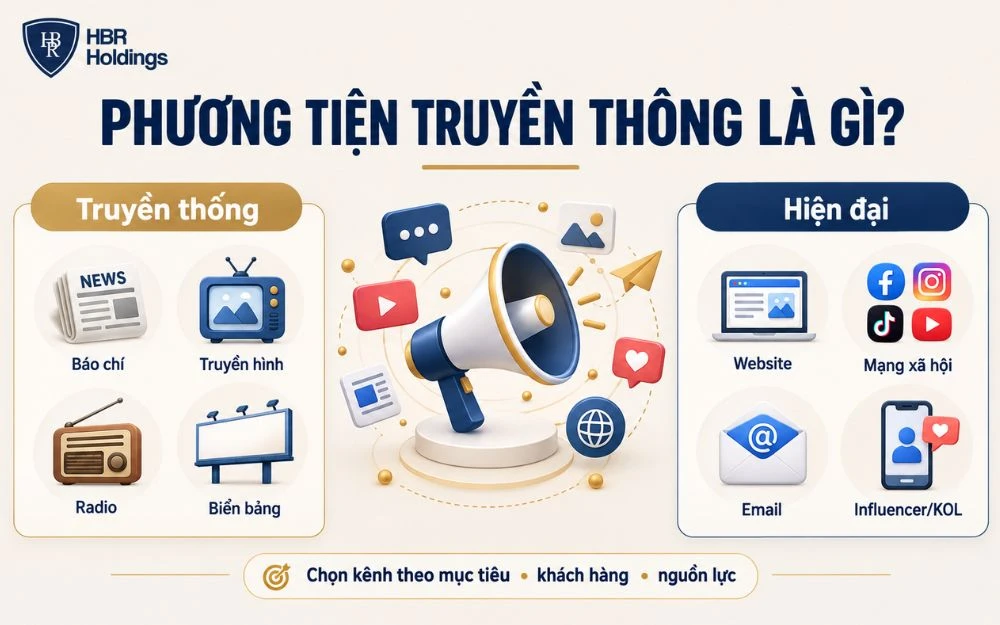 Phương tiện truyền thông gồm các kênh truyền thống và hiện đại giúp doanh nghiệp truyền tải thông điệp đến khách hàng mục tiêu.