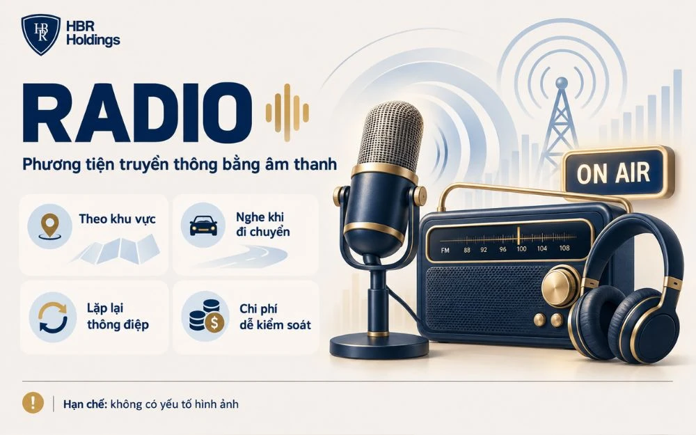 Radio là phương tiện truyền thông bằng âm thanh, phù hợp để tiếp cận người nghe theo khu vực, lặp lại thông điệp nhiều lần và tối ưu chi phí truyền thông.