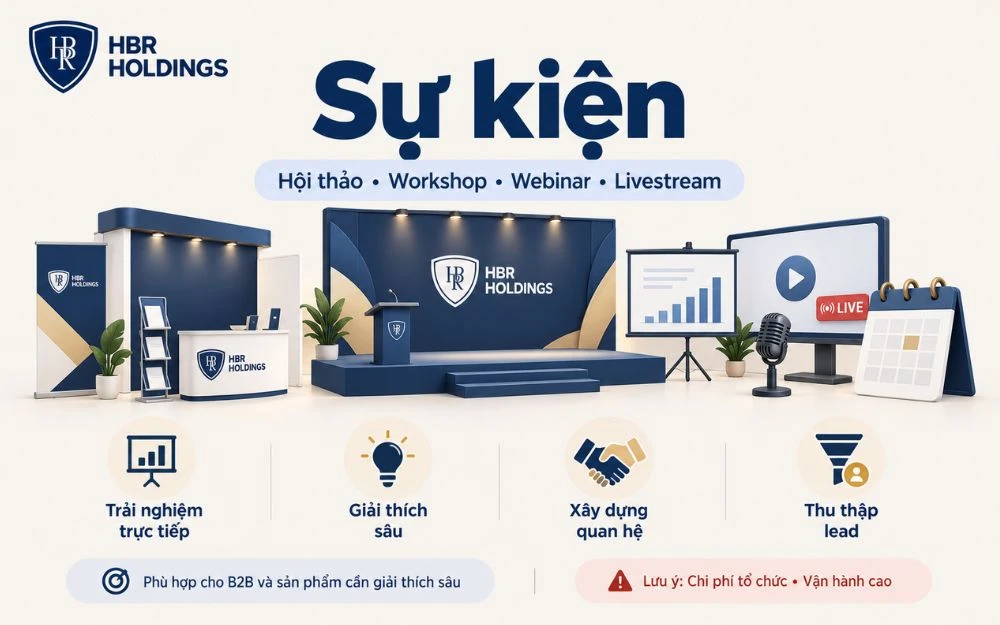 Sự kiện giúp doanh nghiệp tạo trải nghiệm trực tiếp, xây dựng quan hệ, giải thích giải pháp chuyên sâu và thu thập lead chất lượng.