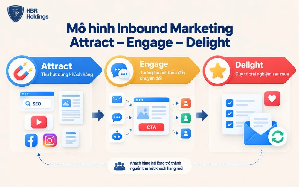 Mô hình Attract – Engage – Delight giúp thu hút, chuyển đổi và giữ chân khách hàng.