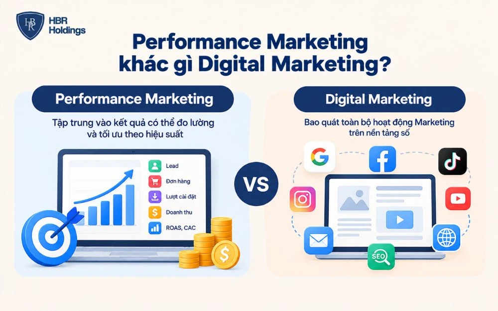 So sánh Performance Marketing và Digital Marketing về phạm vi và mục tiêu đo lường.